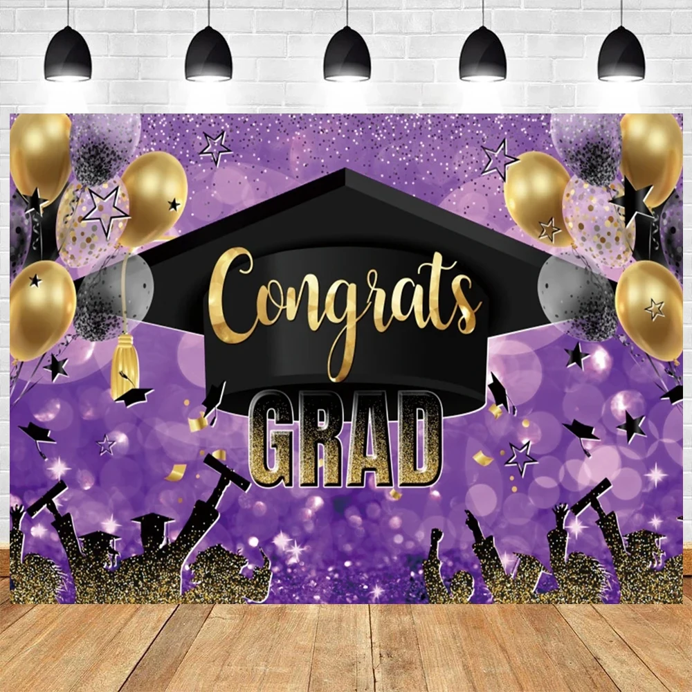 2024 Graduation Theme Photography Pink and Gold Glitter Balloons Bachelor Hat Congrats Grad Party Banner Decor Photo Background