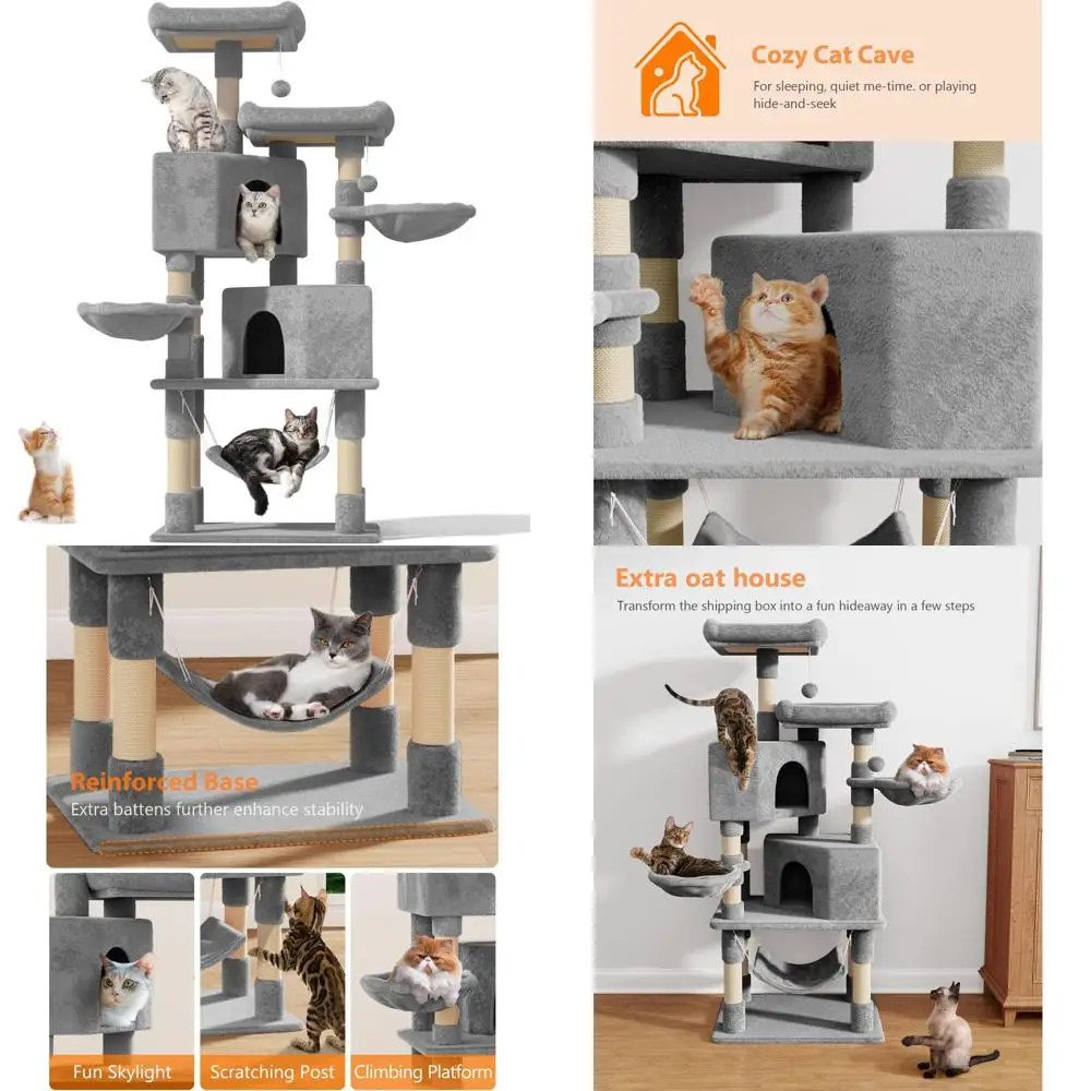 

Large Modern Cat Tree for Indoors, 58 Tall with Multi-Level Perches, Scratching Posts, Hammock, and Toy for Large Cats (Light Gr