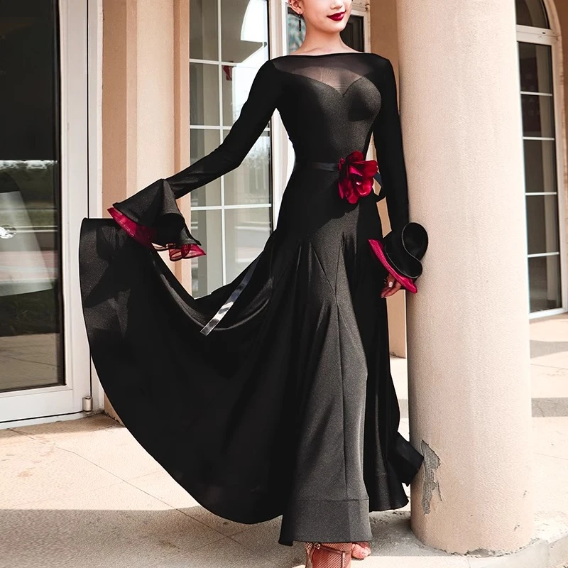 Vestido de vals sin espalda vestido de baile de salón vino estándar rojo negro falda de espina de pescado mangas linterna vestidos de salón competencia