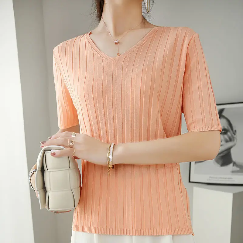 Knitted T Shirt Women Solid Color V-Neck Ice Silk Knit Short Sleeves T- Korean Womens Clothing Summer Tops Tee  Femme