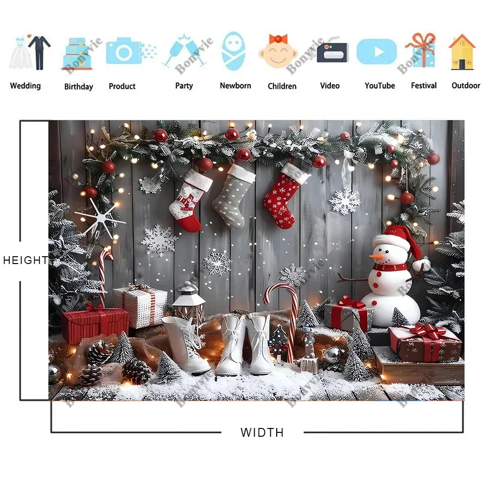 Bonvvie Merry Christmas Backdrop Xmas Tree Gifts Snowman Family Party Decor Background Photocall Photography for Photo Studio