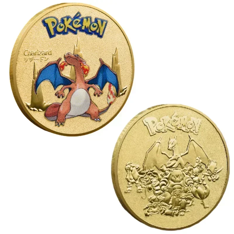 Moneda conmemorativa chapada en oro de Anime Pokemon, Pikachu, Charizard, Mewtwo, colección de juego de monedas de oro, regalo de Navidad