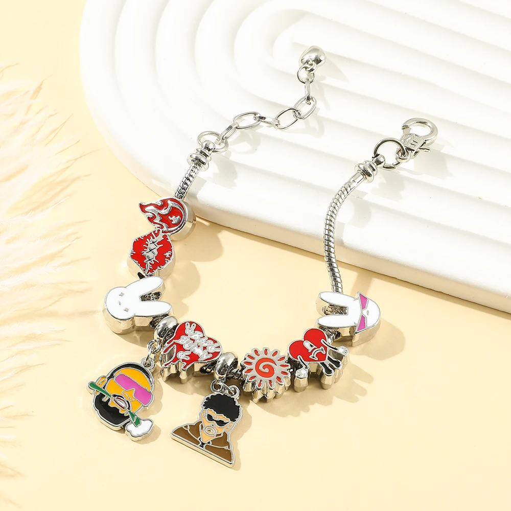 Rapper Bad Bunny Charms Bracelet for Fans Gift Bad Rabbit Love Heart Pendant Beads Bangle Bracelet for Women Jewelry Accessories