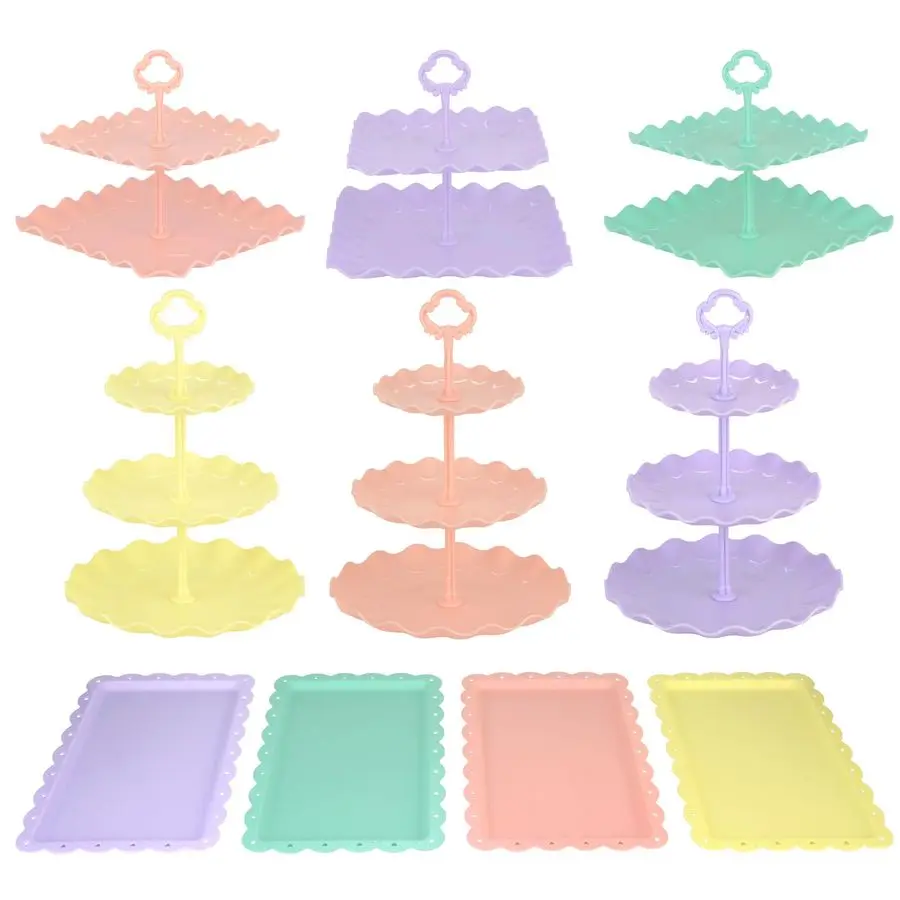 

Набор из 10 подставок для торта и кексов: 3 двухъярусных и 3 трехъярусных подставки для кексов, 4 подноса для закусок. Идеально подходит для праздников.