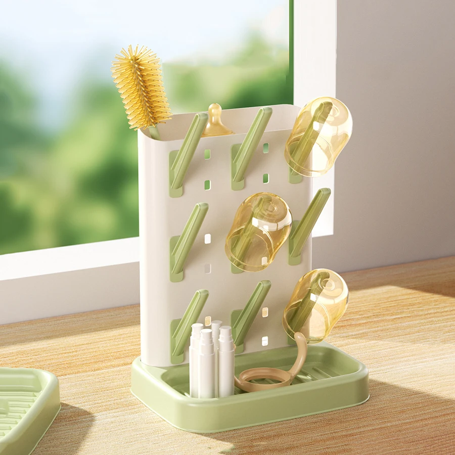 

Baby Bottle Drying Rack with Detachable Pegs & Drip Tray, Countertop Bottle Dryer Stand for Baby Feeding Supplies Storage