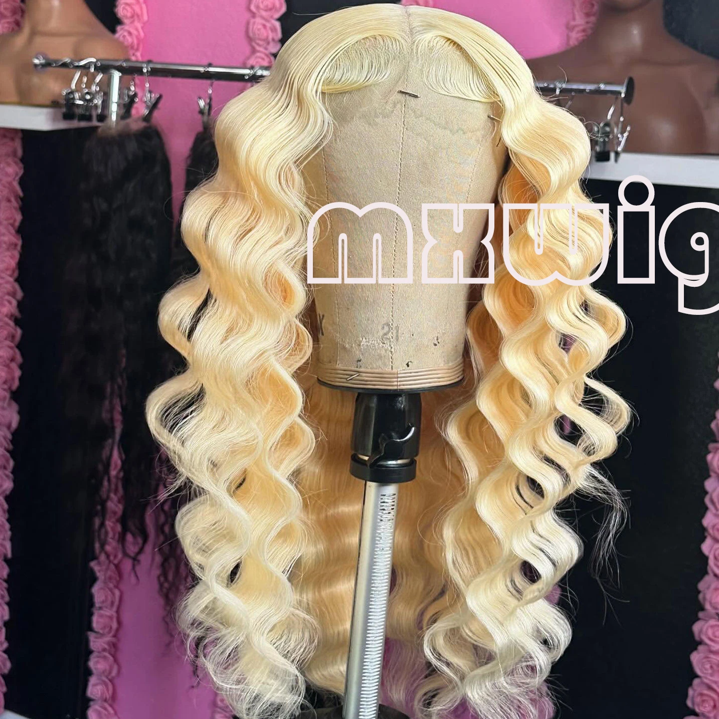 MXWIG Synthetic Hair Blonde 613 Loose Deep Wave Glueless 13X4 Lace Front Wig For Black Women Preplucked  Daily Fiber Cosplay