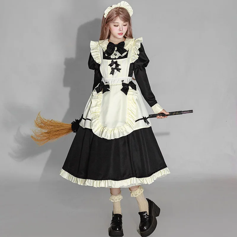 

S -5XL Sweet Long Black Lalita Maid Dress Cosplay Costume Girl Woman Elegant Waist Hugging Dress Flying Sleeve Party Costumes