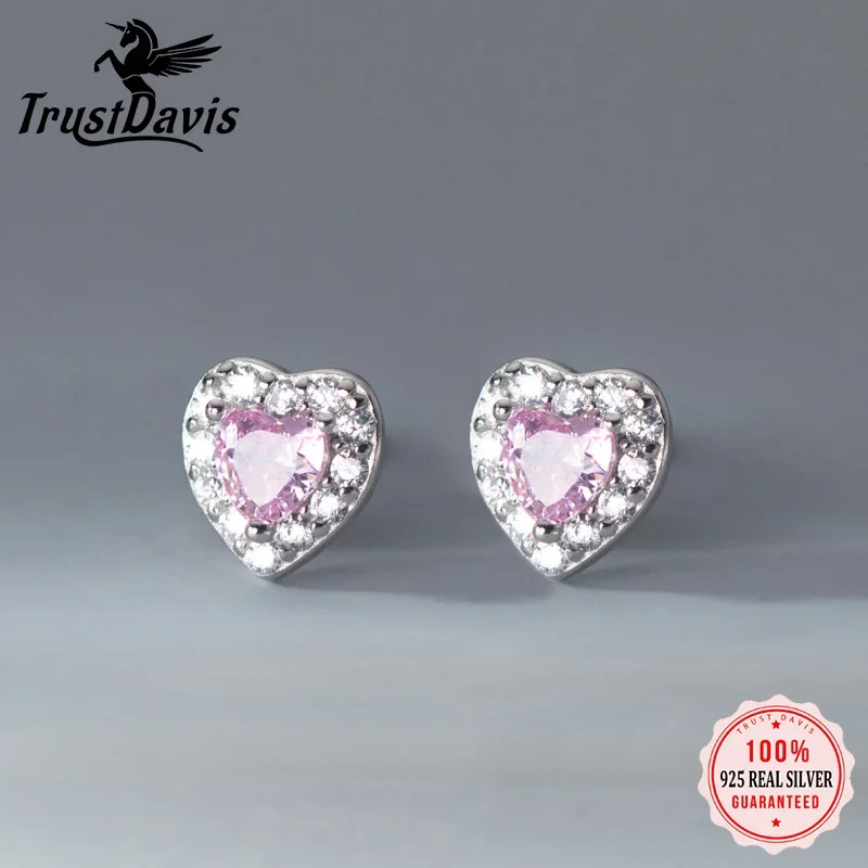 TrustDavis 925 Sterling Silver Cute Pink Love Heart CZ Stud Earrings Gift for Lady Daugther Girls Fine Jewelry Wholesale DS3828