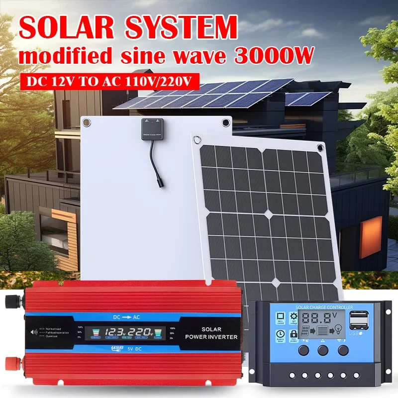 600W flexible solar panel kit, 3000W improved sine wave inverter+controller, DC12V to AC110V/220V off grid RV camping system