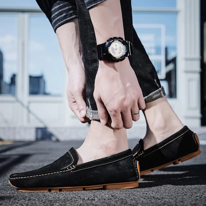 COZOK New Men Casual Shoes Fashion Men's Shoes Suede Leather Men's Loafers Moccasins Brand Slip On Male Flat Driving Shoes Black image 5