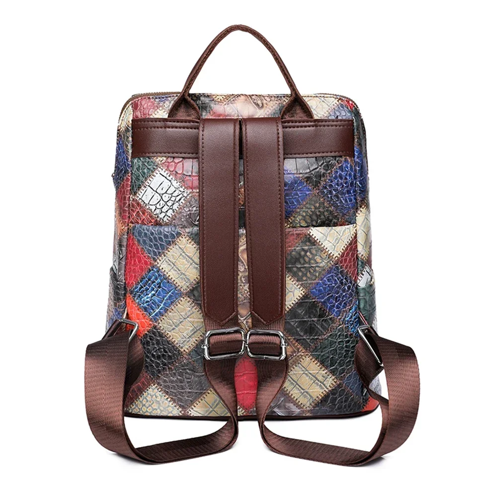 Patchwork Vintage Backpack Women Leather Rucksack Women\'s Knapsack Travel Backpacks School Bags for Teenage Girls Mochila