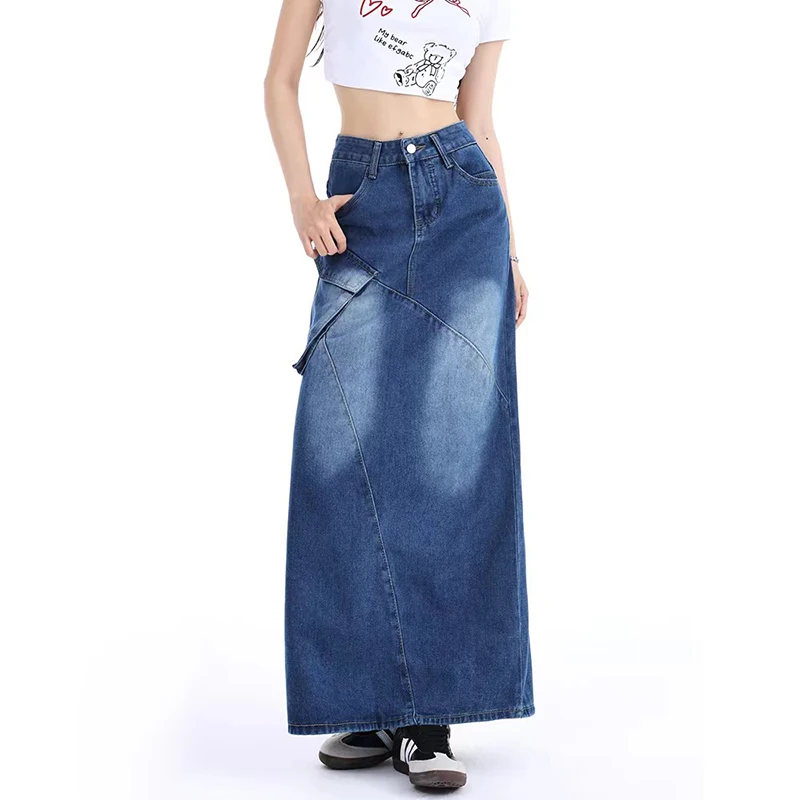 S-XXXL Vintage Women Cargo Skirts Back Split Fashion Pocket Zipper Fly Jeans Skirts Loose Casual Streetwear Denim Skirts Ladies