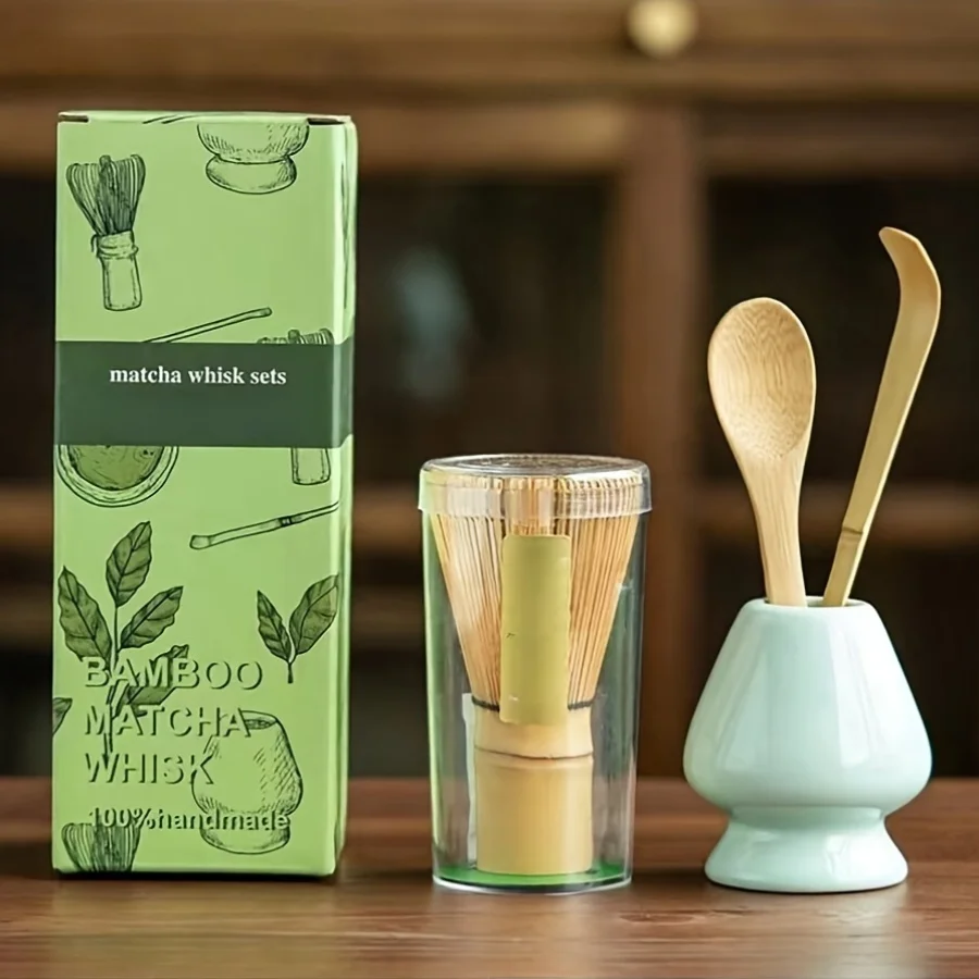 4pcs/set Matcha Set Bamboo Whisk Tea Spoon Ceramic Fittings Matcha Whisk (Chasen) Tea Spoon and Scoop (Chashaku) Tea-making Tool
