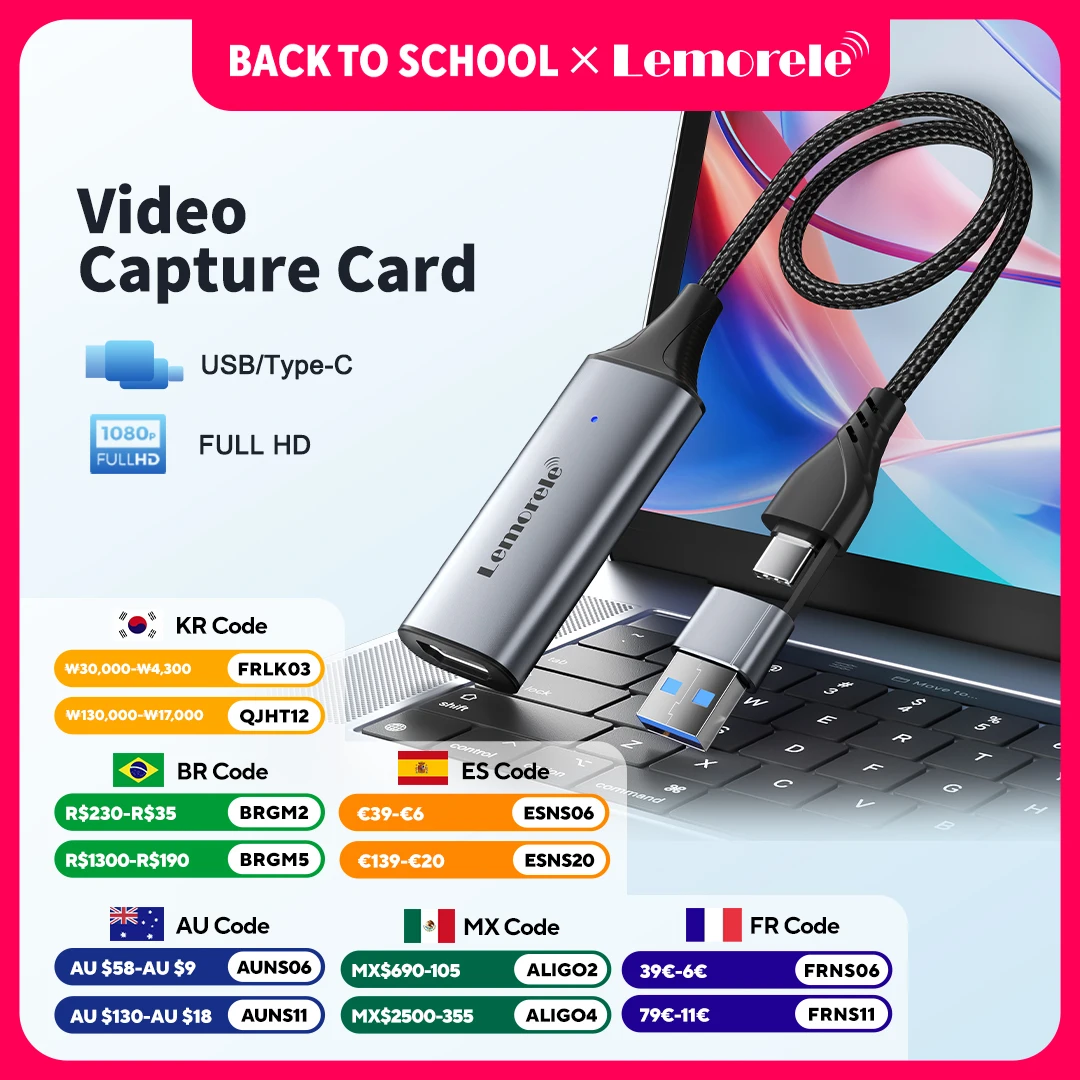 Lemorele usb 2.0 placa de captura de vídeo hdmi-compatível com usb/tipo-c jogo grabber registro ms2130 para switch xbox ps4/5 transmissão ao vivo