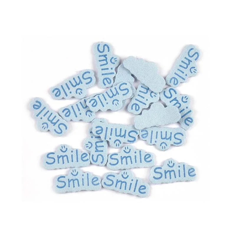 30pcs 14.5x29mm Smile Letter Embossed Leather Labels For Clothes Sewing Accessories DIY Bag Kid Garment Craft Handmade Tag C3707