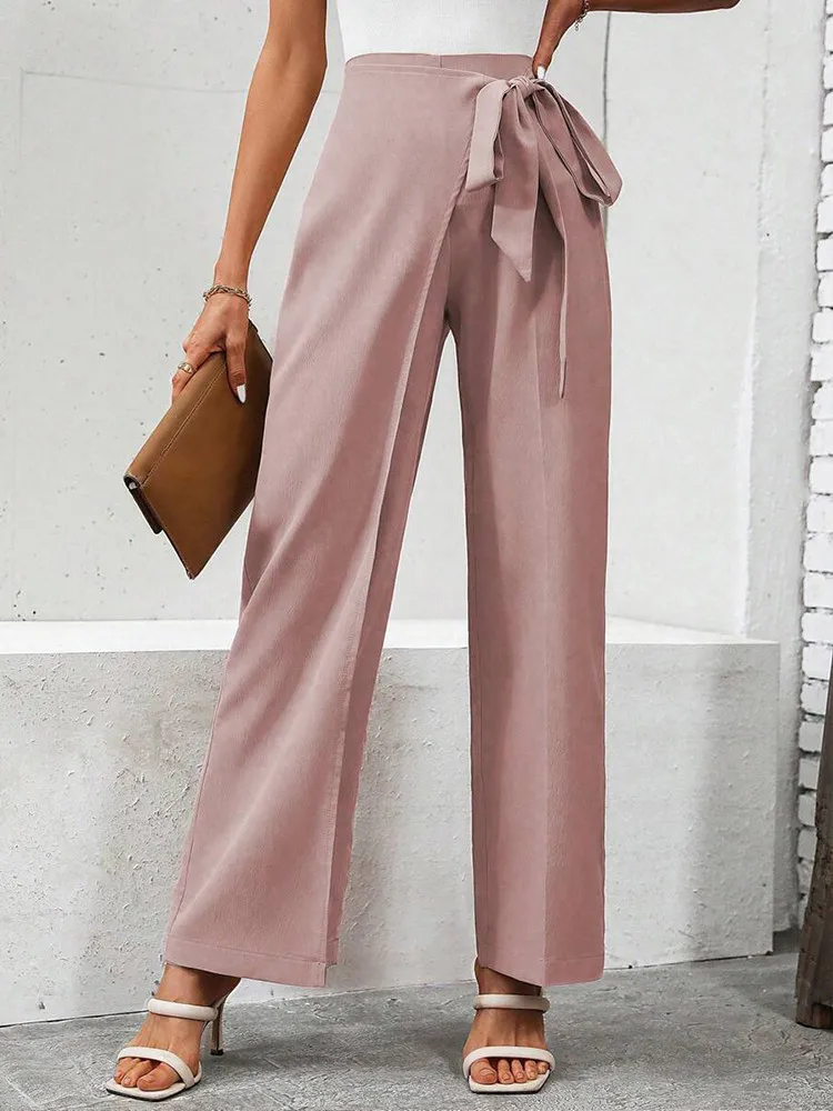 Women\'s New Spring And Summer Korean Solid Color Straight Suit Pants High Waist Lace-Up Back Zipper Temperament Suit Pants