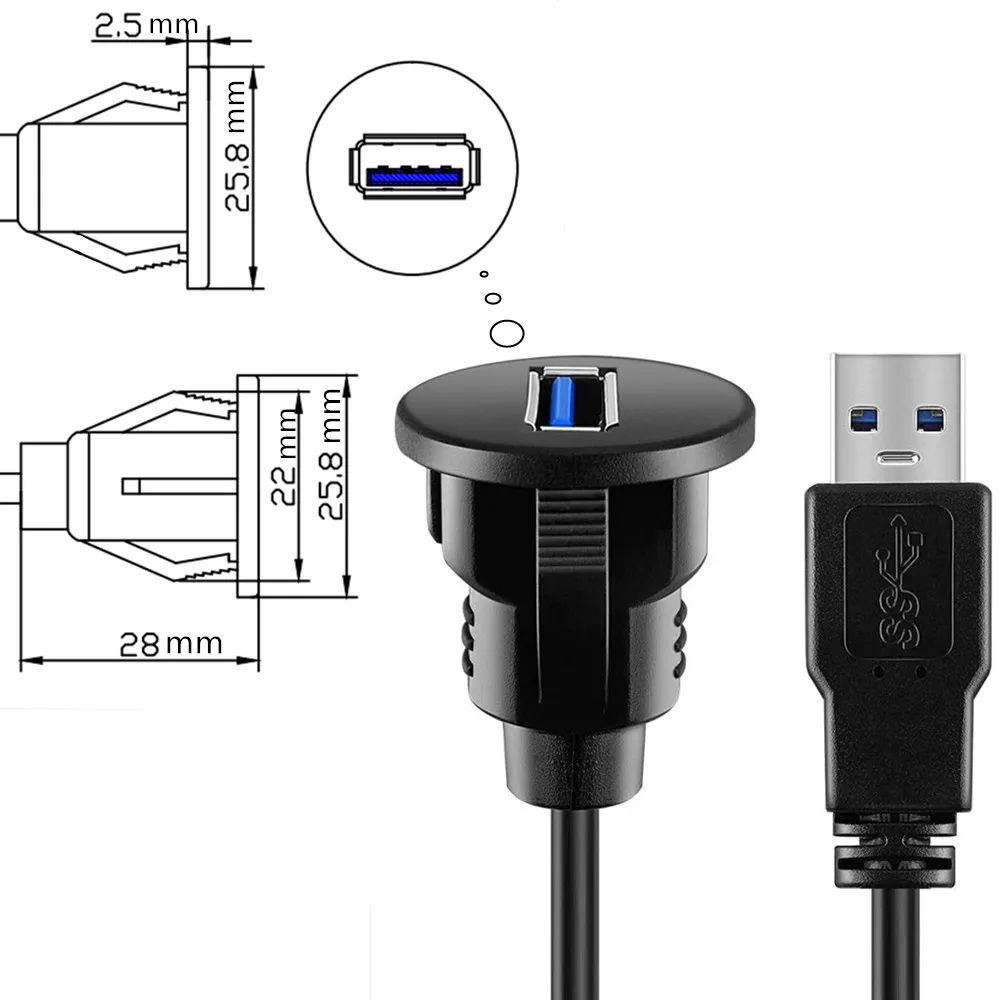 5Gbps USB Waterproof Embedded Dock Adapter Dashboard Panel USB 3.0 2.0 Port Male To Female Car Motorcycle Ship Extension Cable