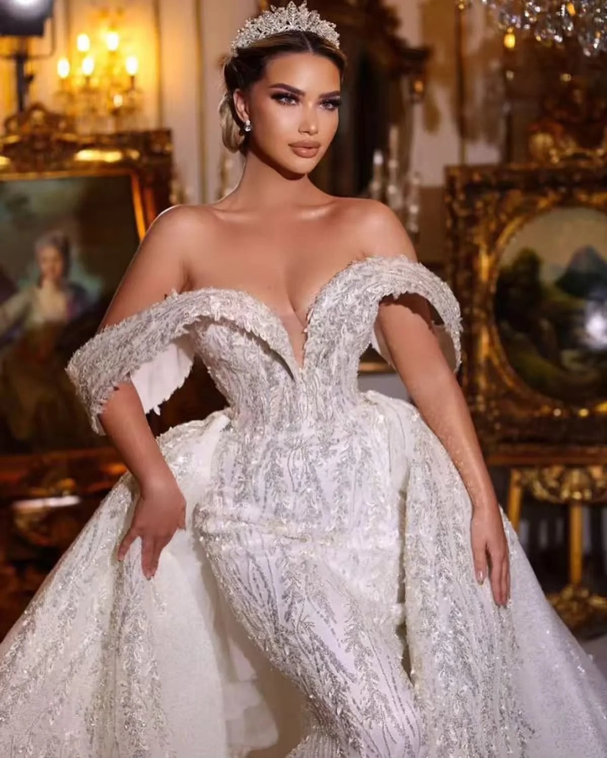 Gorgeous Shining Stripe Mermaid Wedding Dress Off the Shoulder Chapel Gown Customized Plus Size Vestidos De Novia