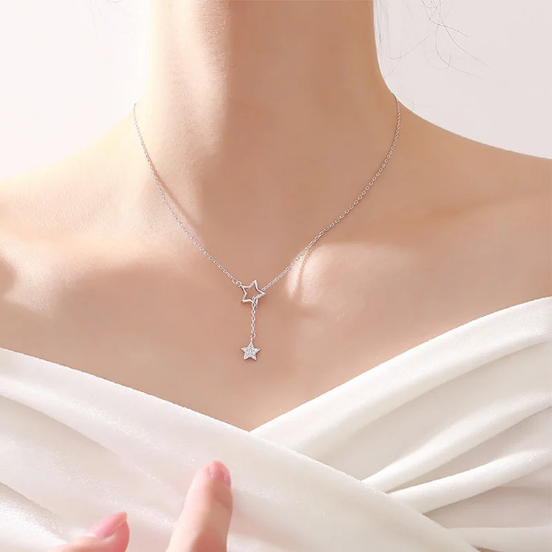 Us Titanium Steel Hollow Pentagram Necklace Female Tik Tok Live Stream From Xingx You Pull Tassel Pendant Clavicle Chain Female