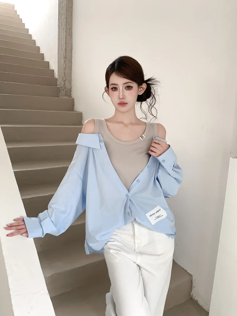 

Kumikumi Color Block Shoulder Bared Long Sleeve Shirt Women's Chic Slimming Spring Fashionable Korean Style Office Wear