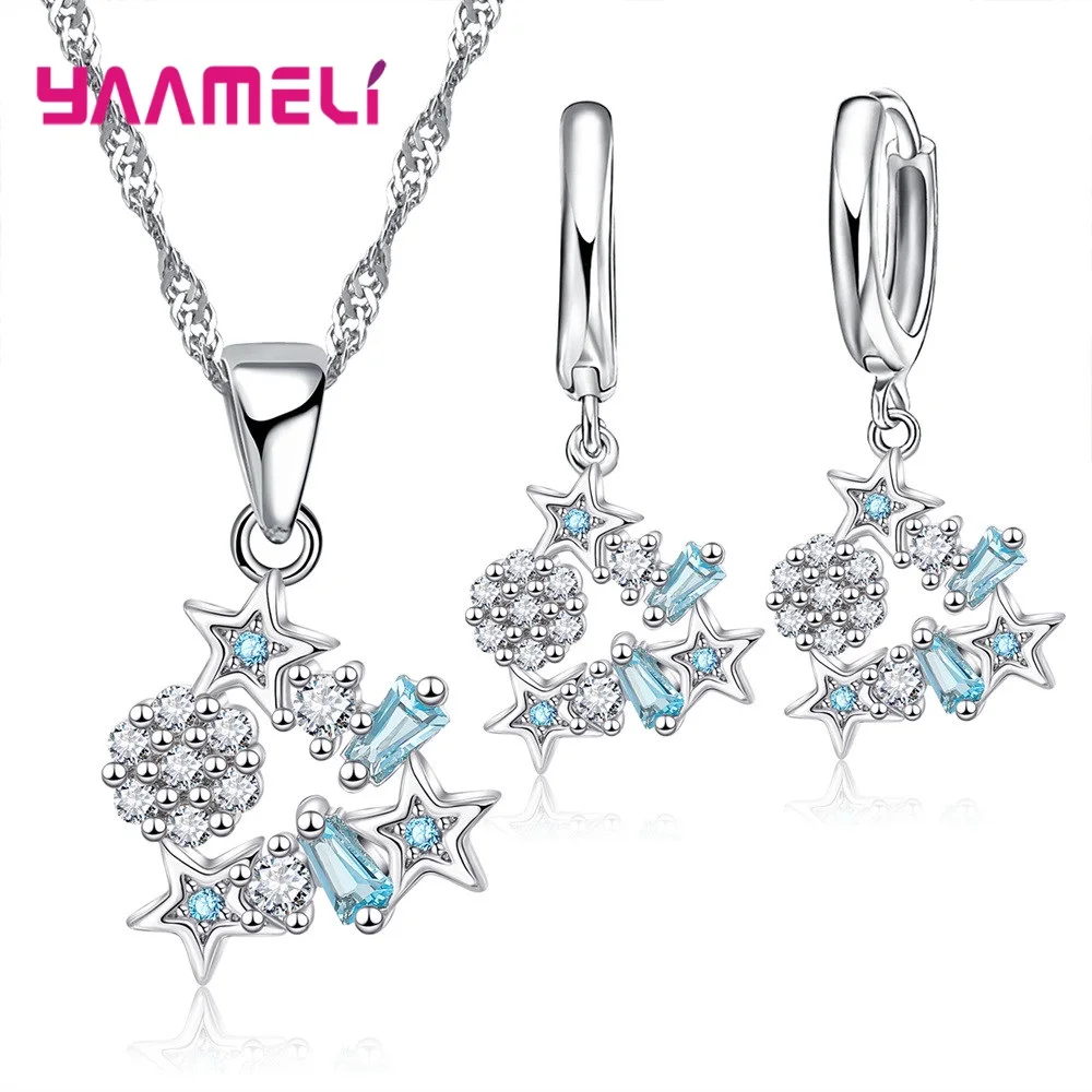 

Lovely Gift for friendship Fine 925 Sterling Silver Austrian Crystal Stars Pendant Necklace Earrings Chain Wedding Jewelry Set