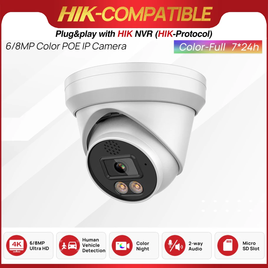 

IP-камера Hikvision ColorVu, совместимая с 6 МП, 8 Мп, 2-стороннее Аудио, слот для SD-карты, сетевая камера наблюдения Plug & Play, HIK NVR