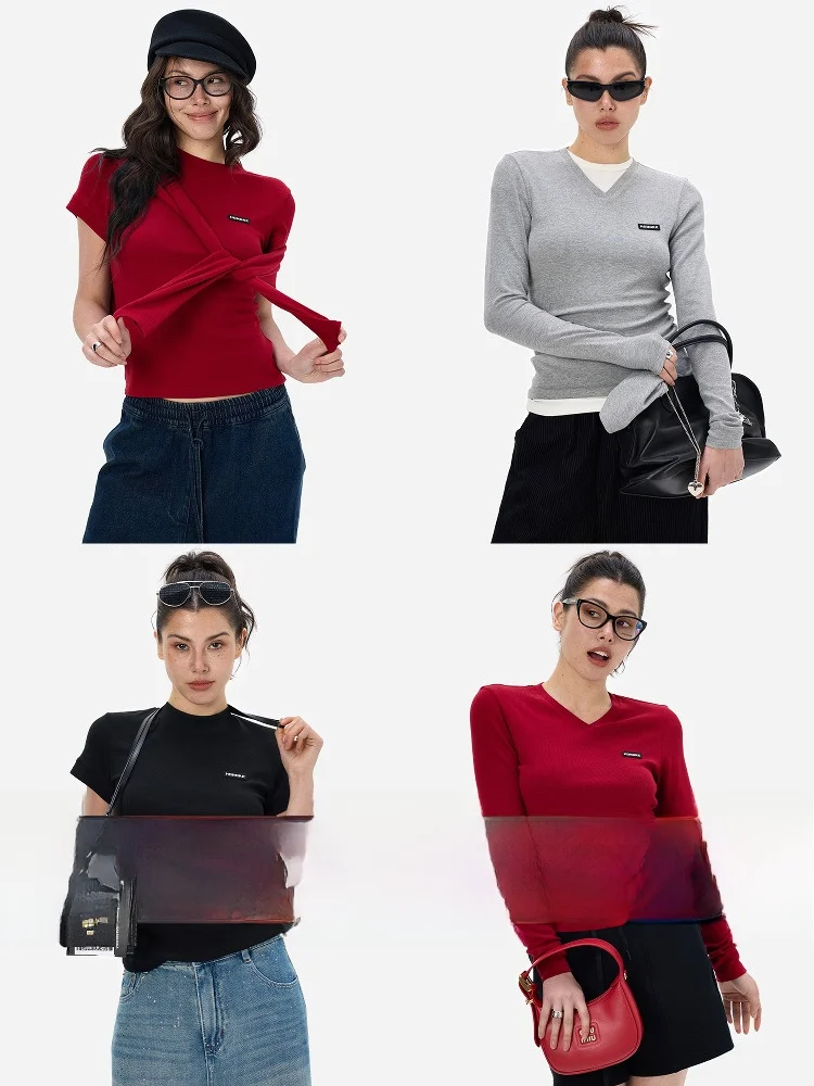 

egu Yue mat Miu Series V-Ne Long ort Sve Stri Underwear T-irt Women's Slim Fit Classic Pattern Tops