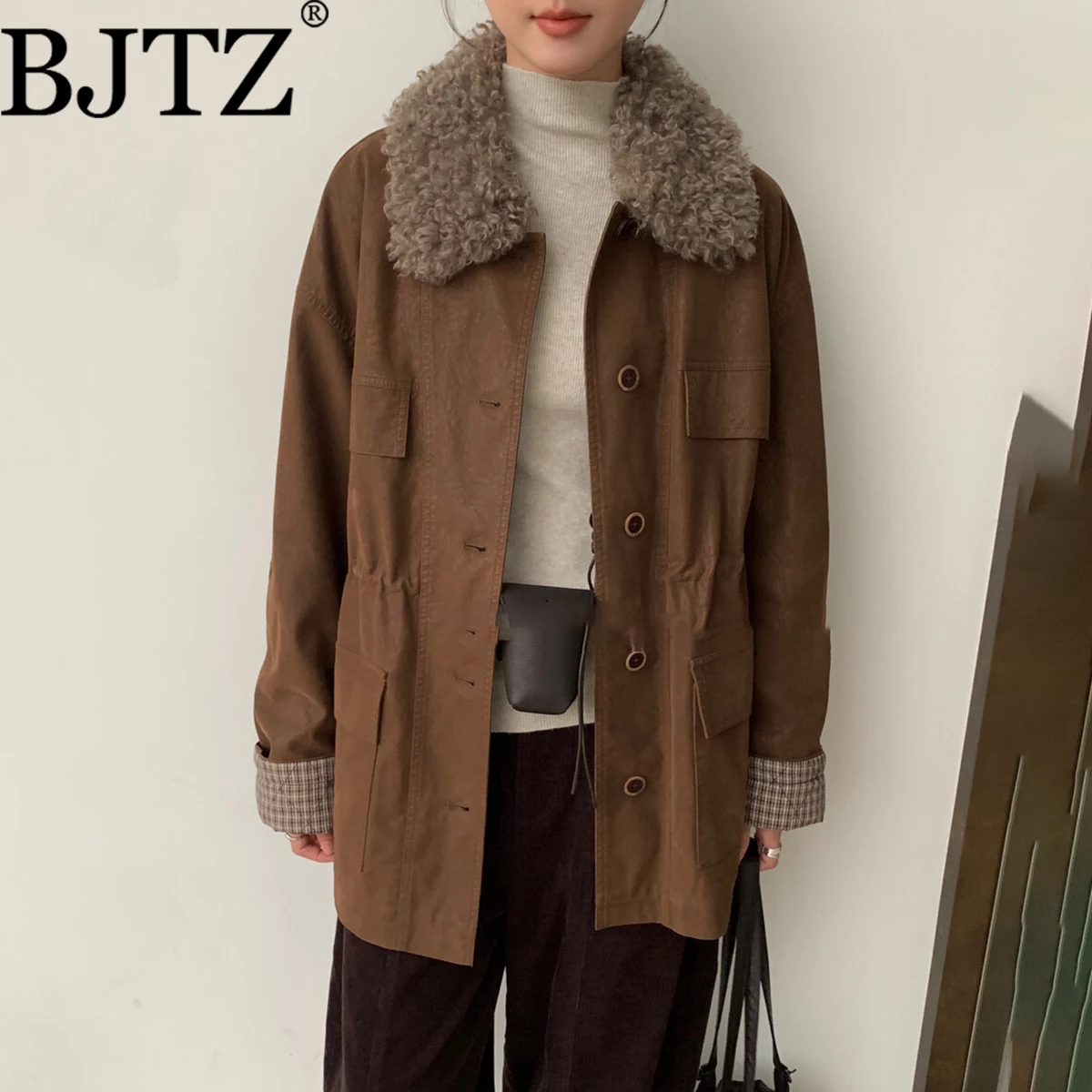 

BJTZ 2025 Women’s Minimalist Mid-Length Trench Coat Jacket Solid Color Casual Elegant High-Quality Designer Outerwear Comfort