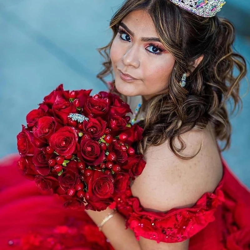 Vestido De baile rojo iridiscente para quinceañera, 3D con apliques, Sexy, con lentejuelas, lazo grande, Princesa, Formal, para fiesta De 15 Años