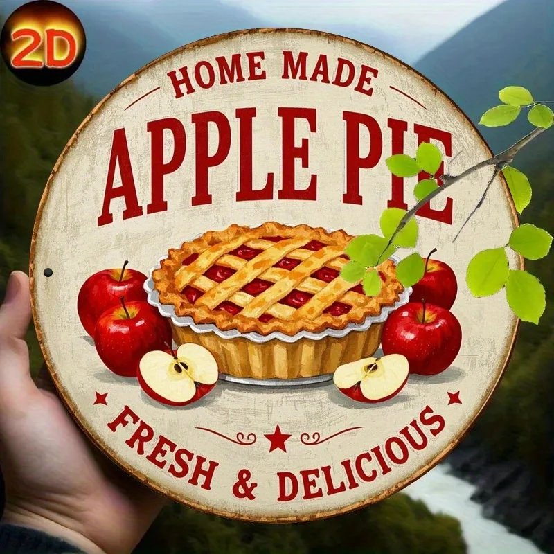 Letrero de Madera 2D Plano Vintage con Diseño de "Pastel de Manzana Casero", Fresco y Delicioso, Decoración Retro para Cocina, Placa Estética para Amantes de la Gastronomía