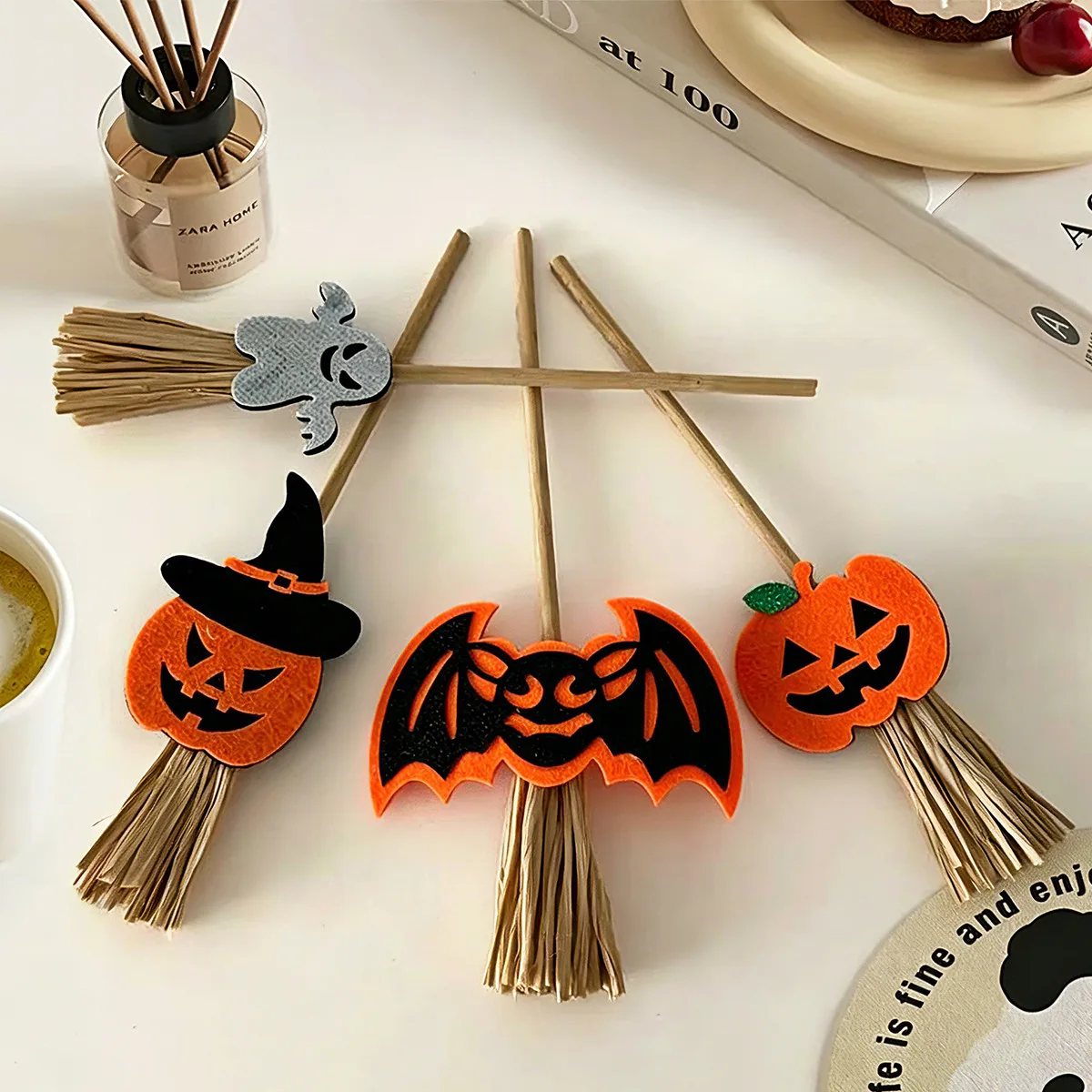 Halloween Witch Broom Decoration, Mini Broomstick with Pumpkin Bat Charms, Spooky Party Prop for Home,Cute Hanging Ornament Gift