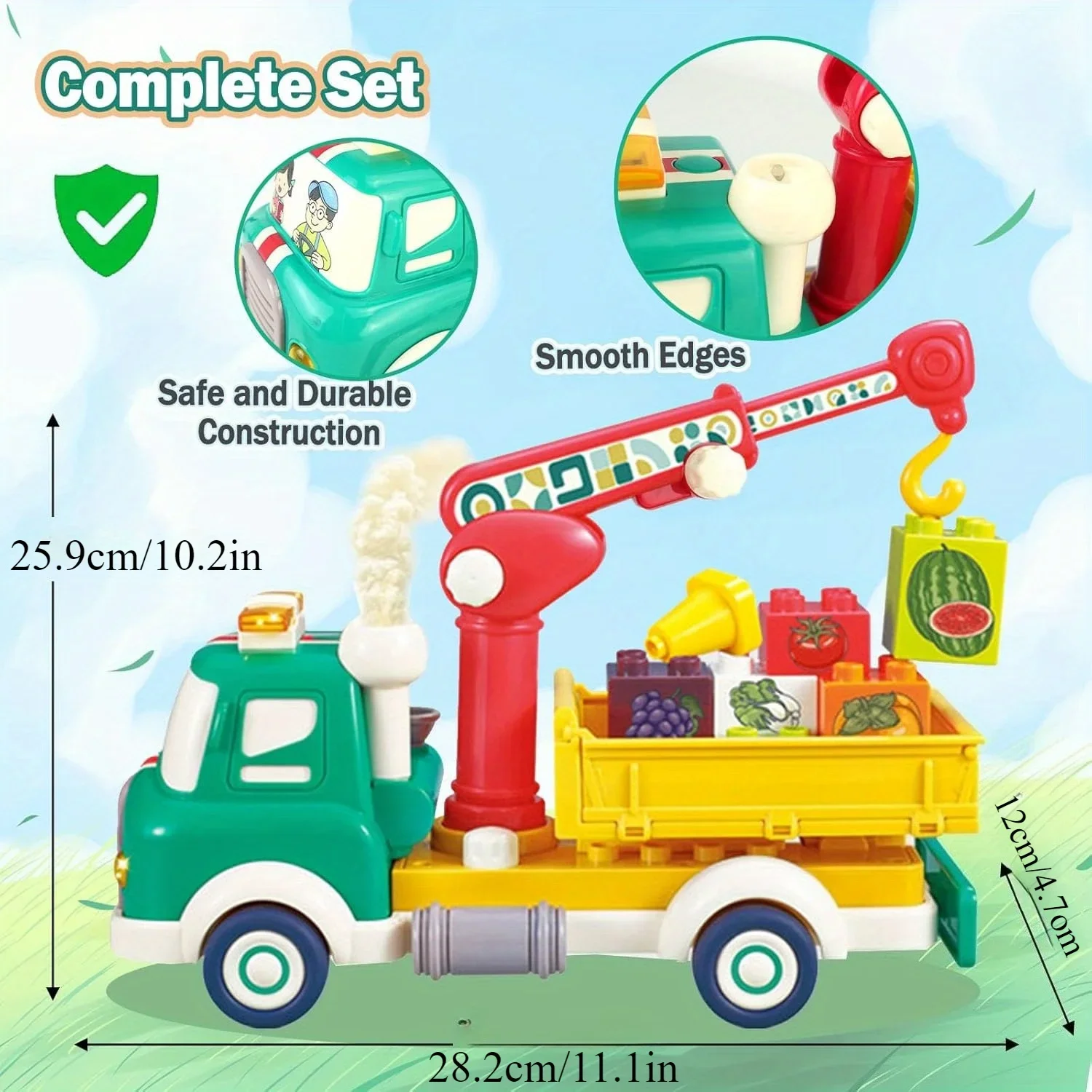 Vehicle Building Toy  with Road Sign Set,Fruit Transport Truck Building Blocks Toys with Sounds,Lights and Spray Effect for Kids