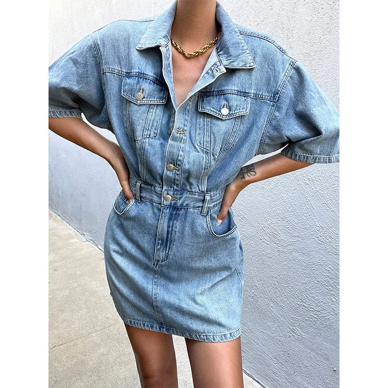 SheonDHF ins blogger style denim dress summer blue waist closed short sleeve retro work dress denim Hip Wrap Skirt