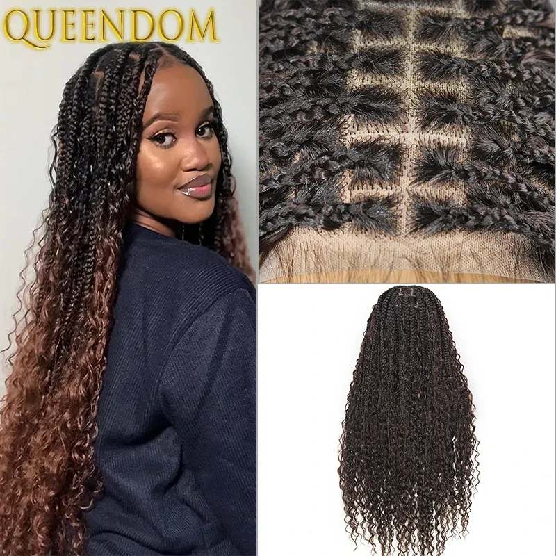 Bohemia Box Braided Full Lace Wigs for Women Deep Brown Long Goddess Braid Lace Front Wigs Synthetic Braids Wig with Curly Ends