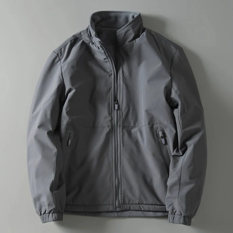 Men Stand Collar Reversible Outerwear Fleece Lined Wind & Water Resistant Casual Coat For Autumn Winter Outdoor Daily Jacket