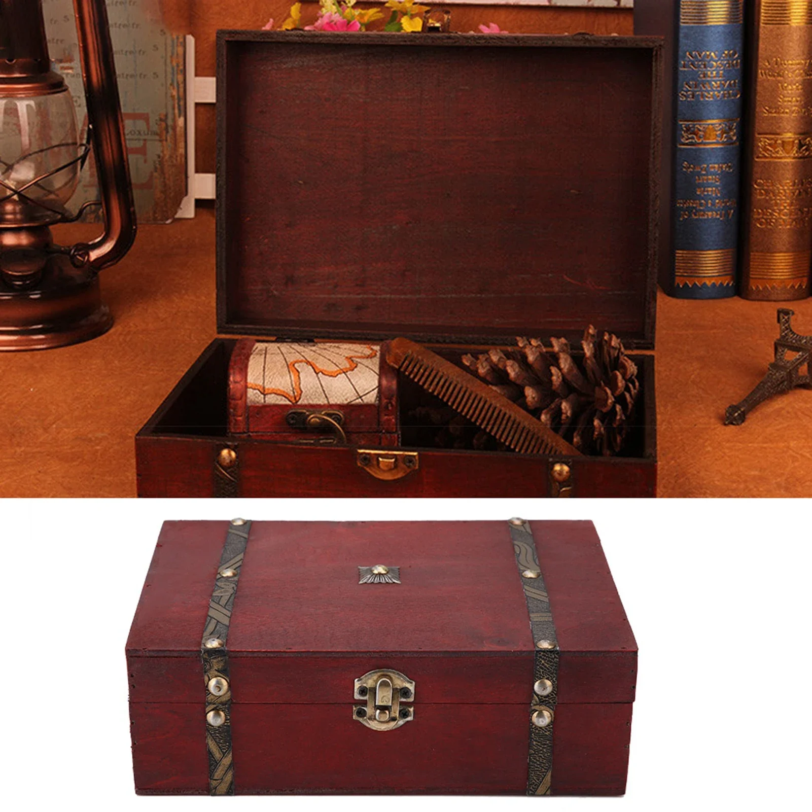 Vintage Wooden Jewelry Storage Box Retro Antique Living Goods Organizer Gift Case