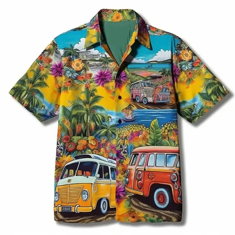 Hawaiian shirt floral pattern hippie bus outdoor street short sleeve printed clothing fashion street chic design casual