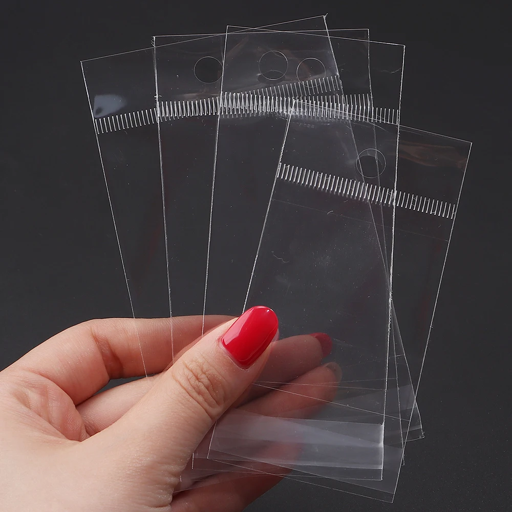 100pcs/lot Clear Opp Jewelry Bags Self Adhesive Transparent Plastic Storage Bags With Hang Hole Gifts Jewelry Packaging Pouches