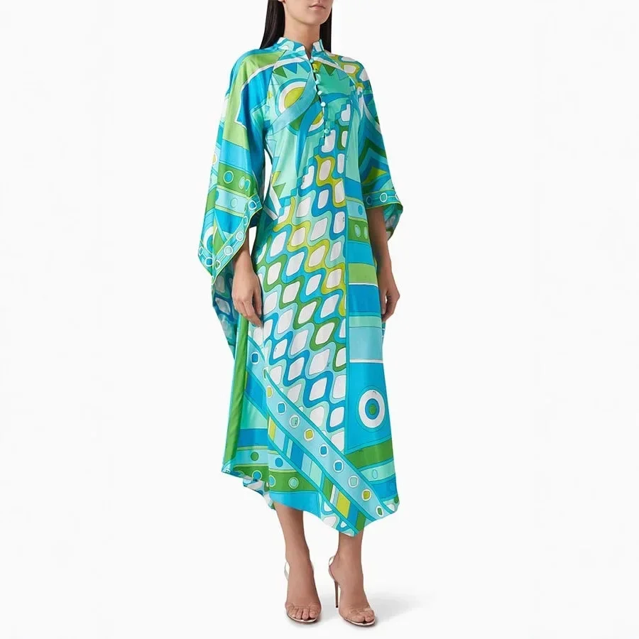 شتاء جديد ملابس منقوشة بكم طويل المرأة فستان ماكسي طويل الخريف الوقوف طوق فستان فضفاض للحفلات