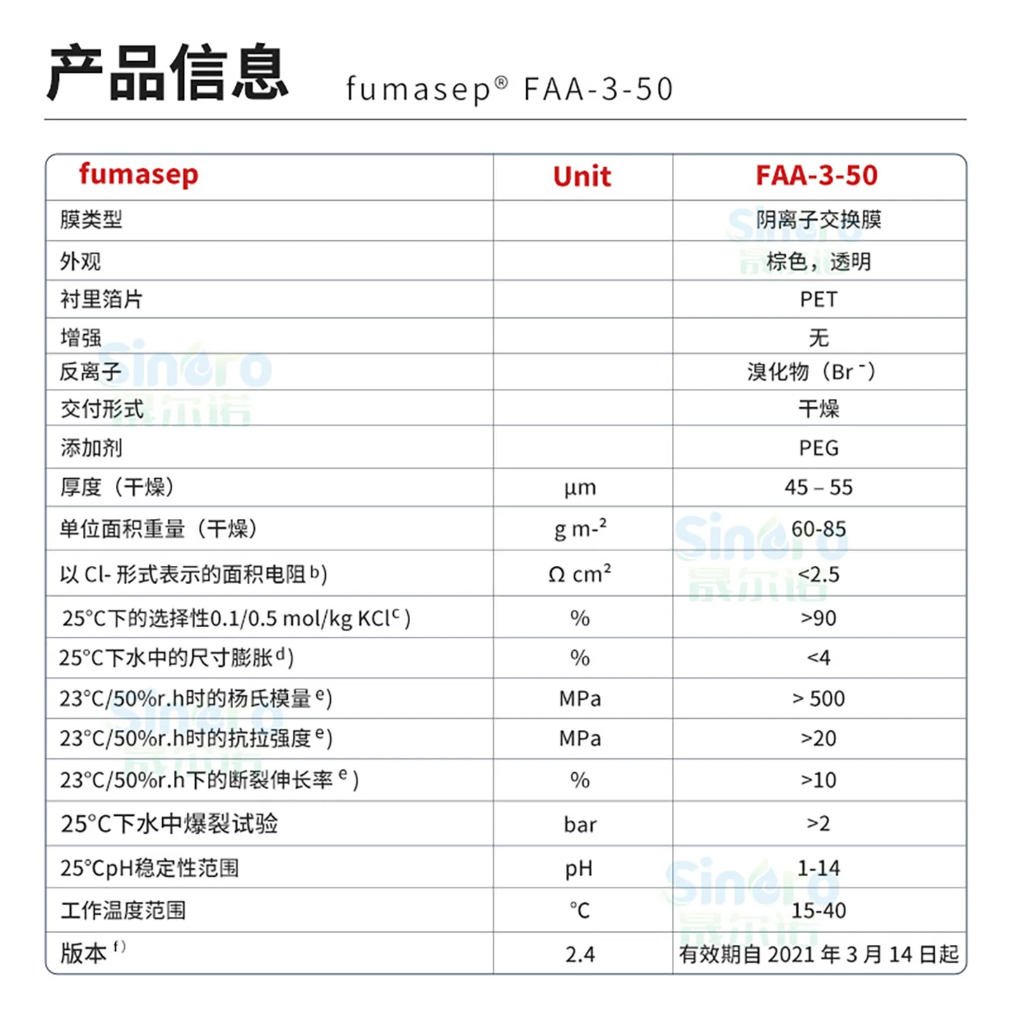 Fumasep FAA-3-50 Anion Exchange Membrane for Alkaline Fuel Cells CO2 Reduction