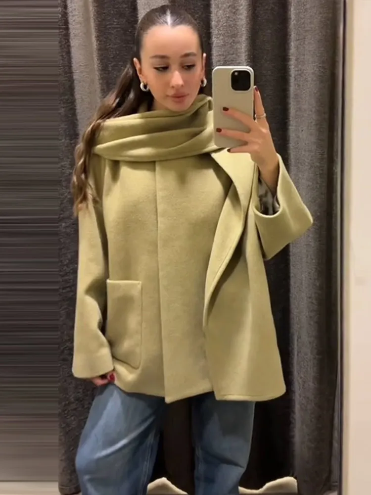 Women's Scarf Collar Coats Elegant Light Green Long Sleeve Pocket Button Female Short Jacket 2025 Spring New Street Outerwears