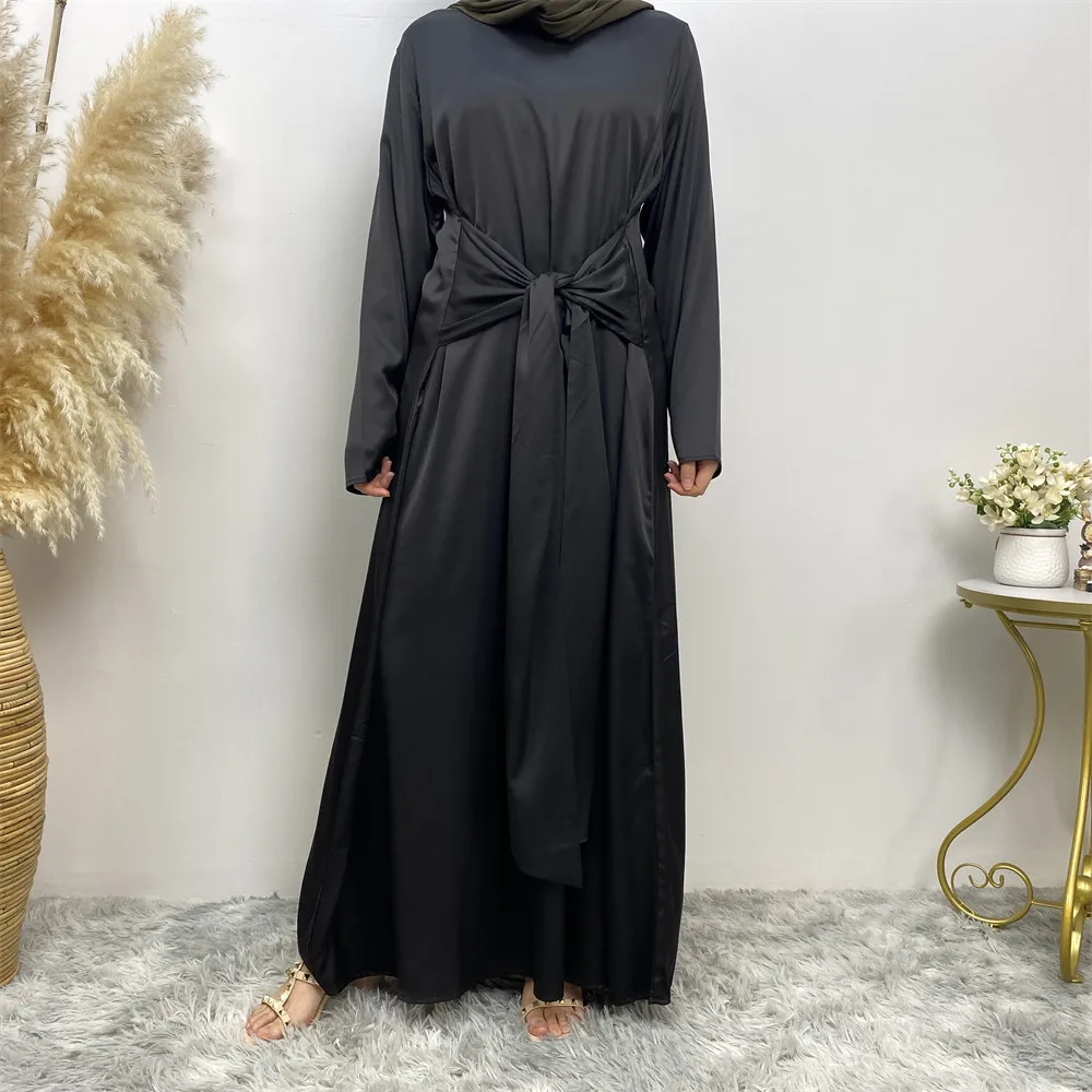 Elegante cetim mangas compridas abayas para mulheres modesto muçulmano marroquino dubai moda casual aberto robe cetim de seda conjuntos muçulmanos 2 peças