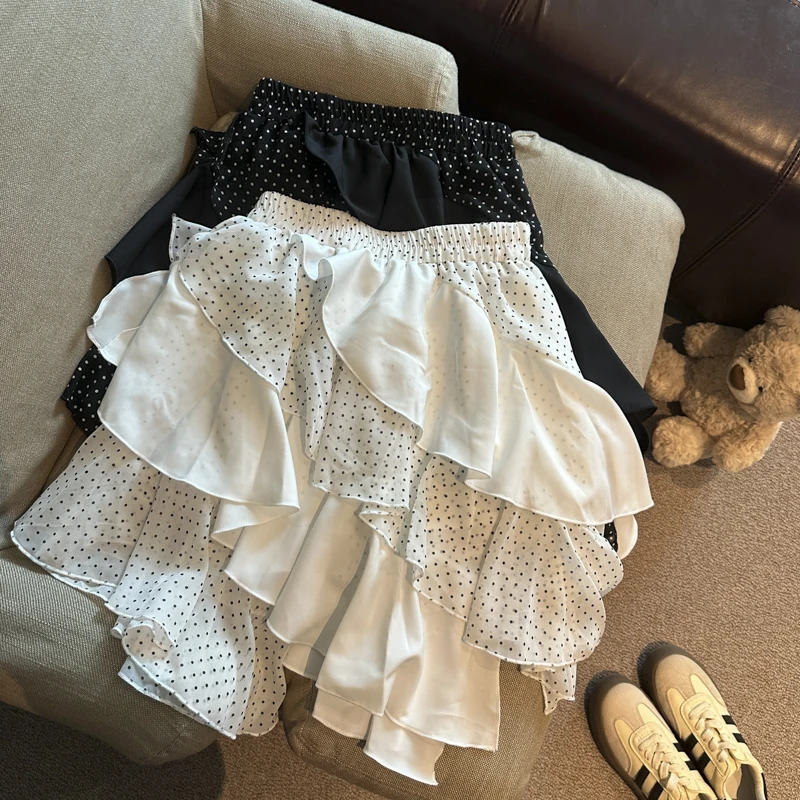 

Летняя асимметричная юбка А-силуэта в горошек для женщин: модная, элегантная, универсальная, с эффектом стройности, с завышенной талией, многоярусная