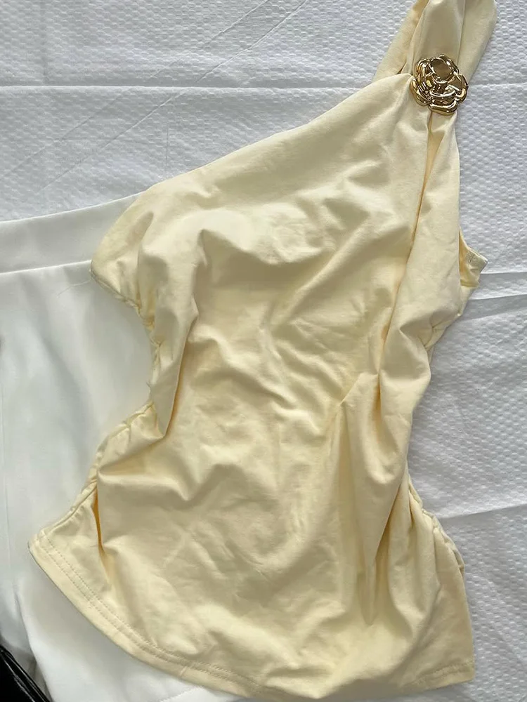 

Slimming Yellow Asymmetrical oulder T-irt Women's Original Retro Sle Cotton Blend Comfortable Fit Summer Top