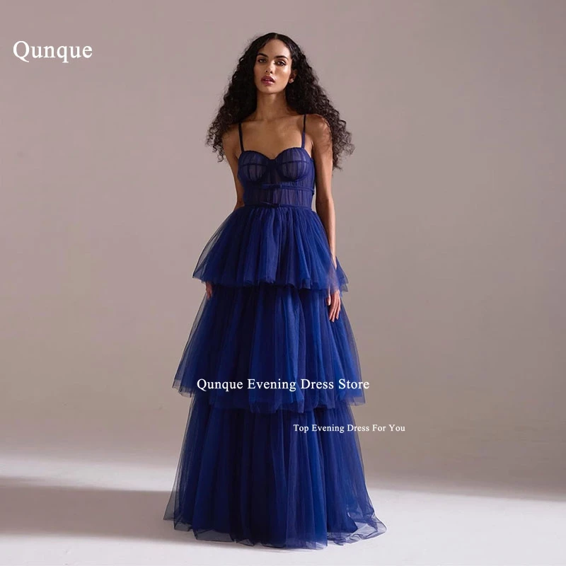 

Qunque A-line Tiered Tulle Evening Dresses Sweetheart Spaghetti Straps Vestidos De Fiesta Sexy Backless Customized Party Gowns