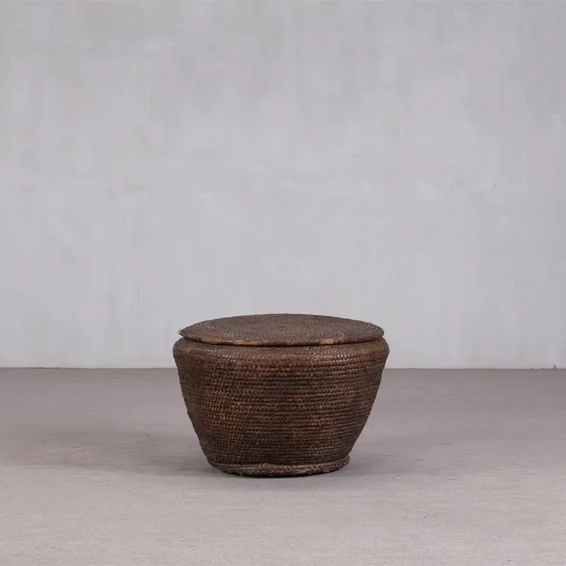 Vintage Hand Woven Rattan Basket With Lid Natural Wicker Storage Box Wabi Sabi Style Home Decor Container For Living Room
