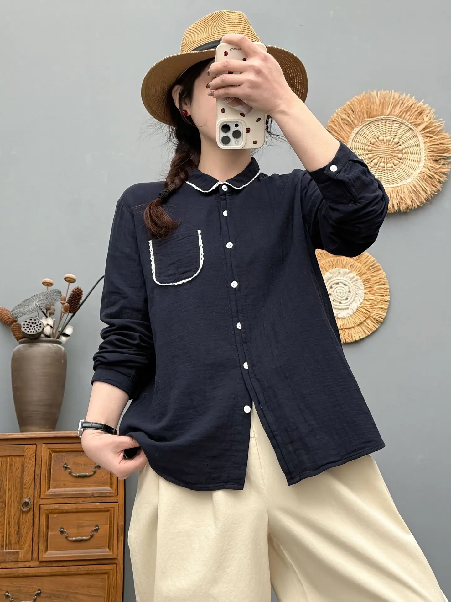 Nueva camisa de manga larga de hilo de algodón de verano 2025, blusa holgada informal cómoda con cuello vuelto para mujer sólida, chica Mori T55376CC