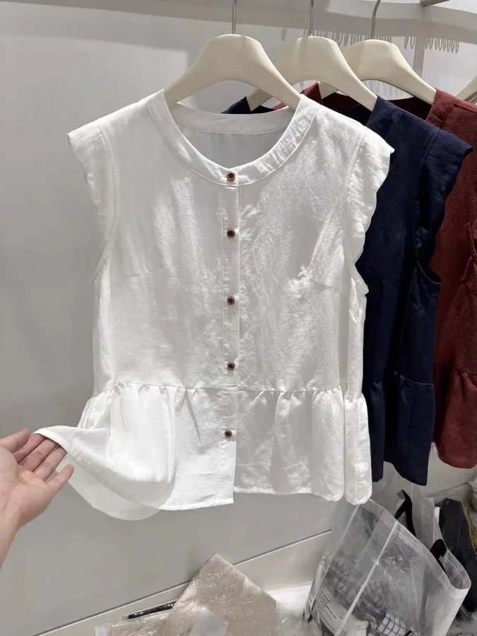 

Women's Cotton Linen Svel irt Summer New Design Small ence Bot Hem Lace Splice Vest Flng Sve Top