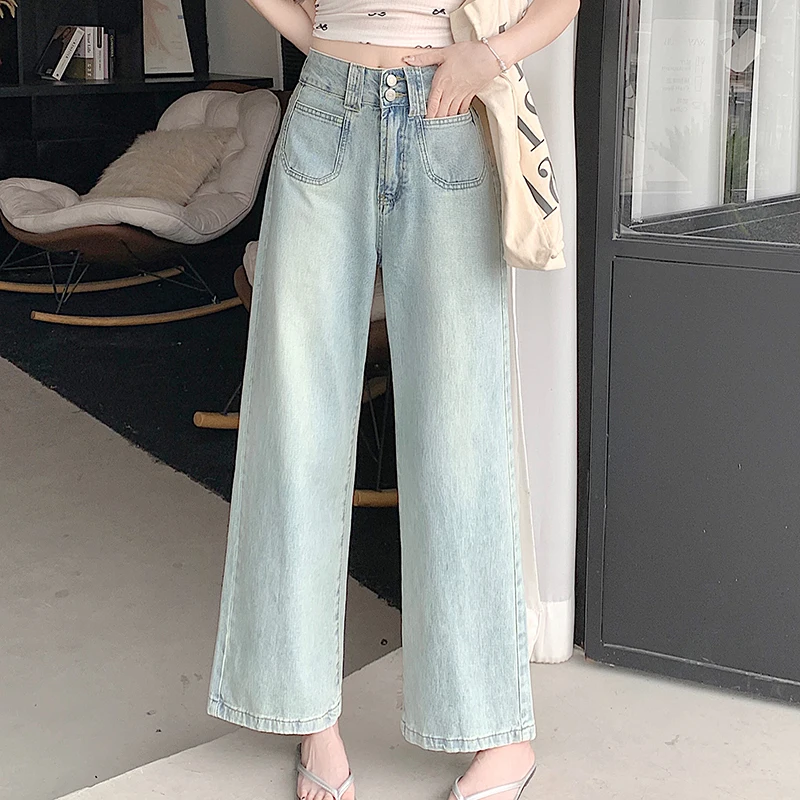 

Vintage Baggy Jeans Women Light Blue High Waist Wide Leg Denim Pants Two Buttons Pocket Loose Casual Trousers Vintage Mom Jeans