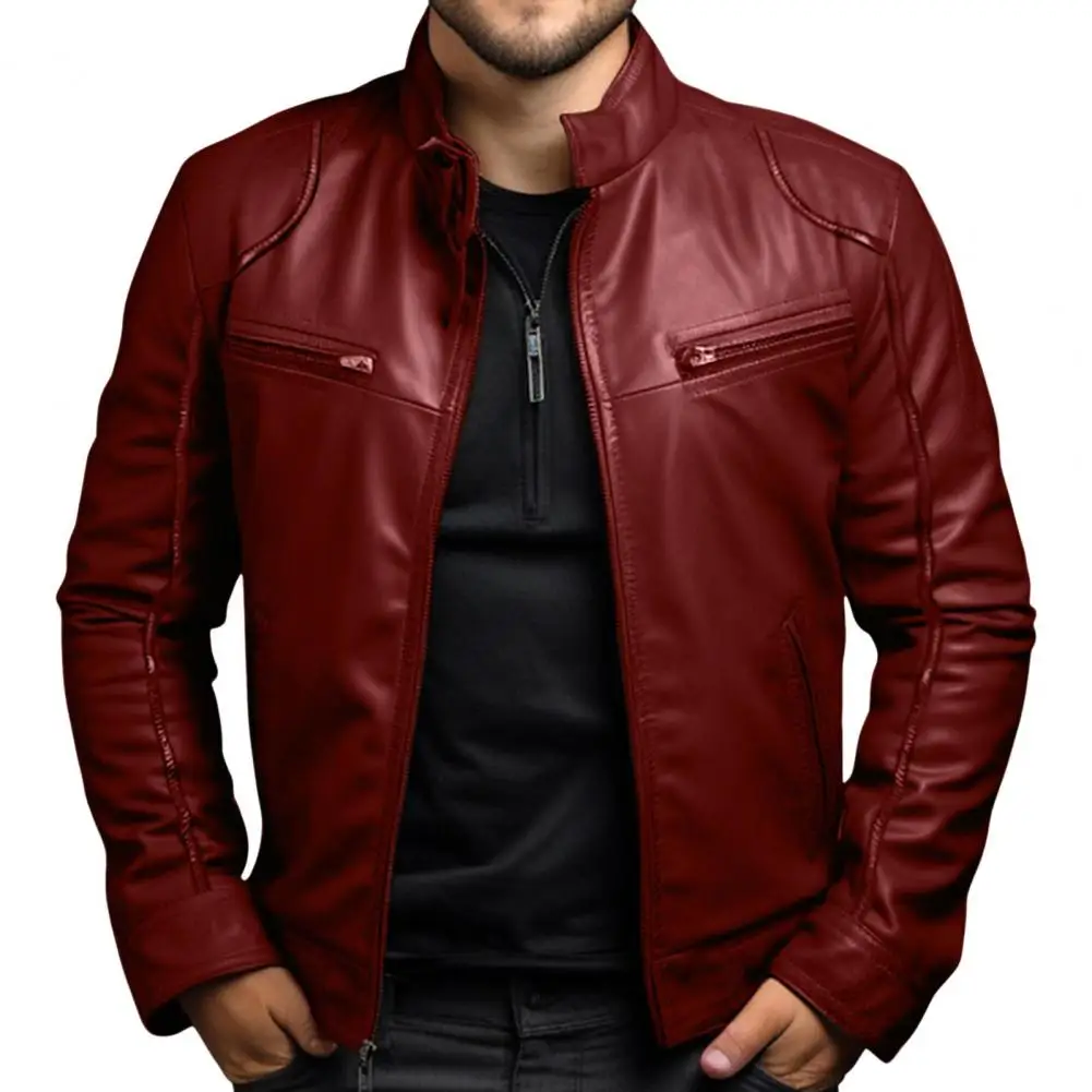 

Loose Fit Outwear Men's Faux Leather Stand Collar Jacket with Zipper Placket Pockets Stylish Outwear for Daily Wear All-season